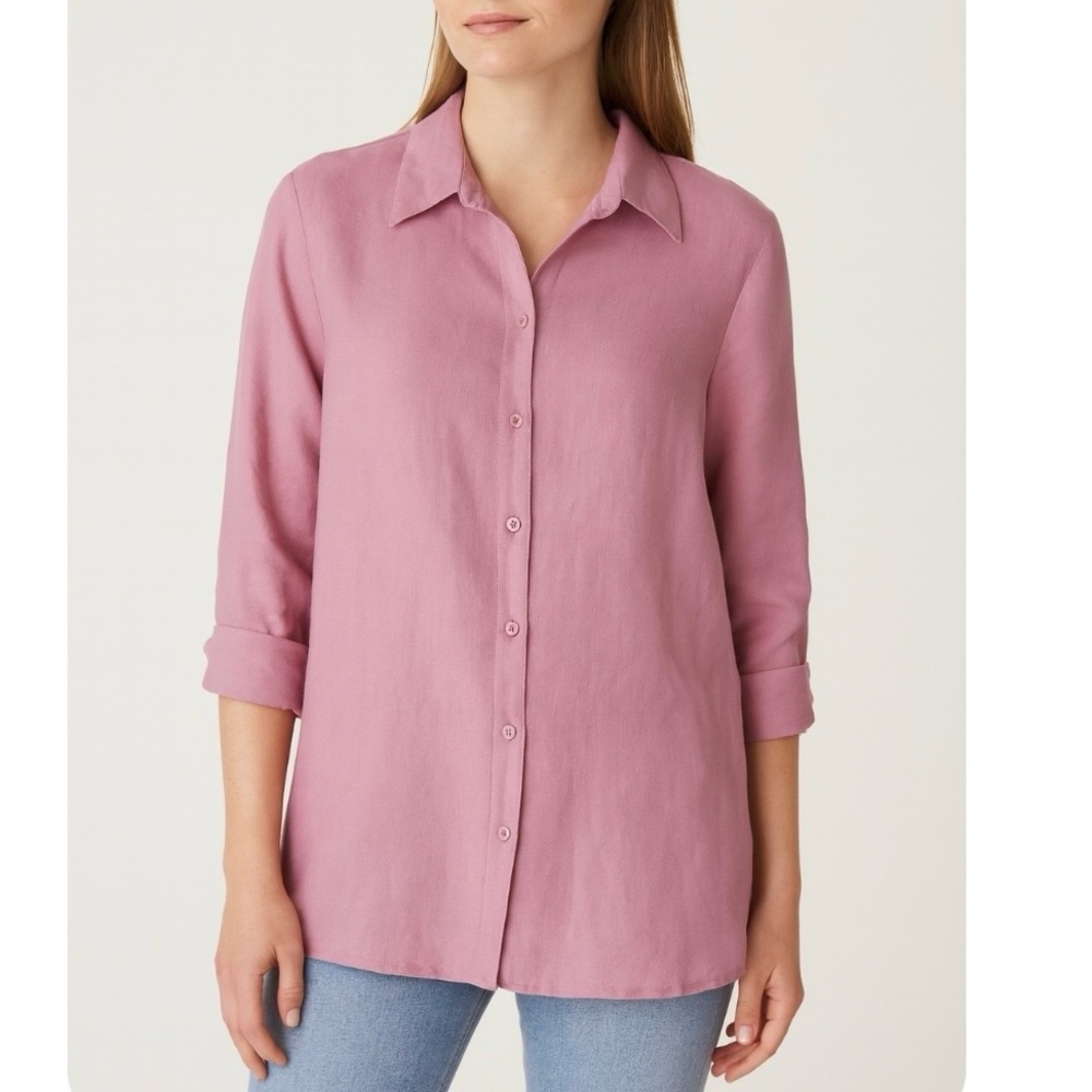 LL Bean Mauve Pink Premium Washable Linen 3/4 Sleeve Button Up‎ Shirt Size XL